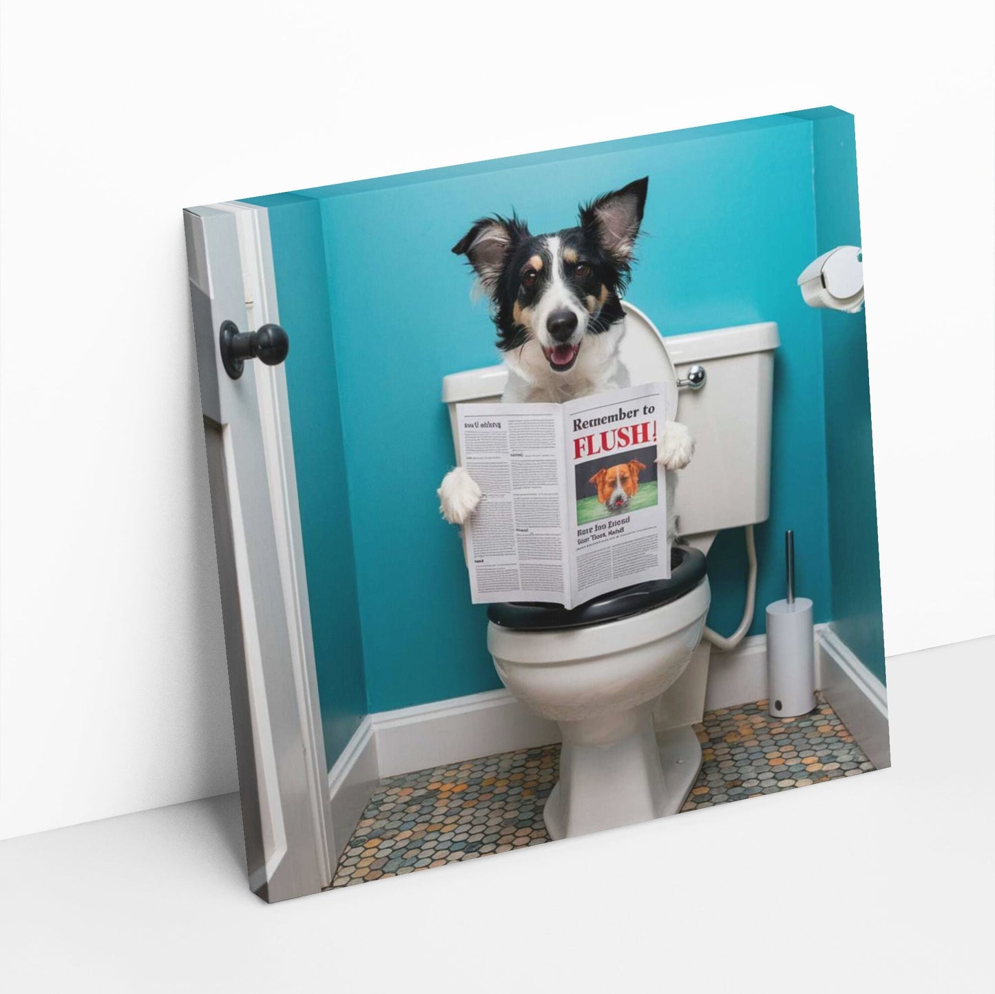 Funny Bathroom Dog Read News Canvas Wall Art, Remember to flush canvas print, humor restroom photo print