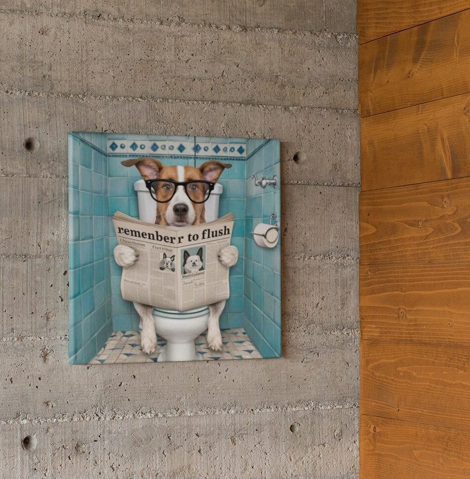 Funny Bathroom Dog with glasses Reading News Canvas Wall Art, Remember to flush canvas print, humor restroom photo print