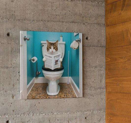 Funny Bathroom Cat Read News Canvas Wall Art, Remember to flush canvas print, humor restroom photo print