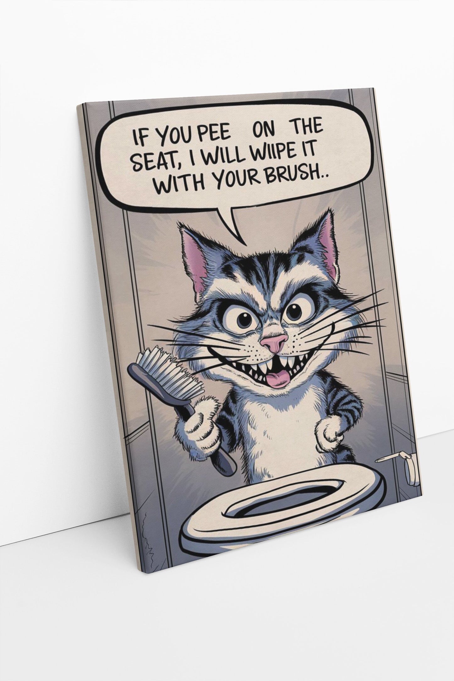 Funny Bathroom Cat Quote Canvas Wall Art, if you pee on the seat I will wipe it with your brush, humor restroom photo print