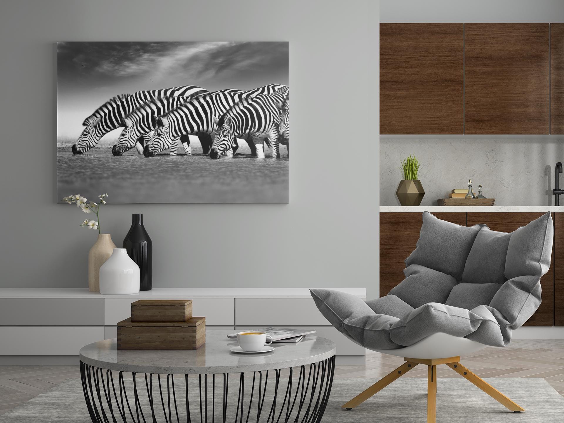 black and white zebra photo canvas print, horizontal living room hallway entry way decor, home wall decoration, canvas over wooden frame