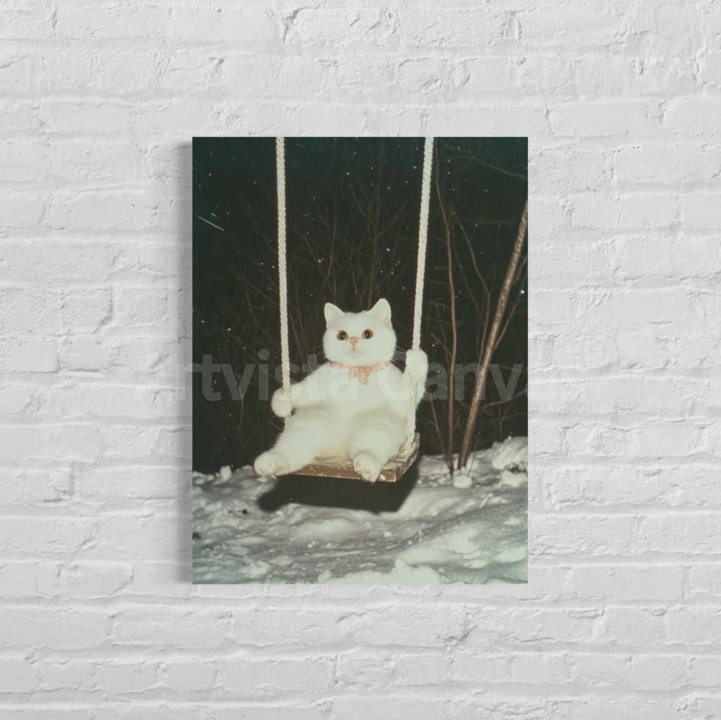 Cute Cat Swing in Snow Canvas Print, Wall Art, Wall Decor, Handcrafted Wooden Frame, Ready to Hang