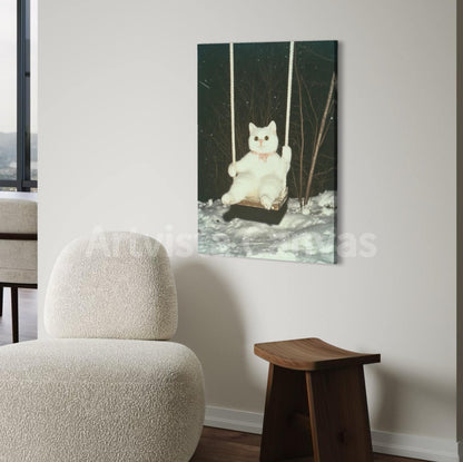 Cute Cat Swing in Snow Canvas Print, Wall Art, Wall Decor, Handcrafted Wooden Frame, Ready to Hang