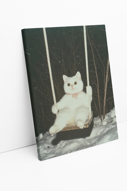 Cute Cat Swing in Snow Canvas Print, Wall Art, Wall Decor, Handcrafted Wooden Frame, Ready to Hang