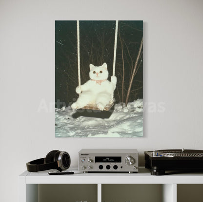 Cute Cat Swing in Snow Canvas Print, Wall Art, Wall Decor, Handcrafted Wooden Frame, Ready to Hang