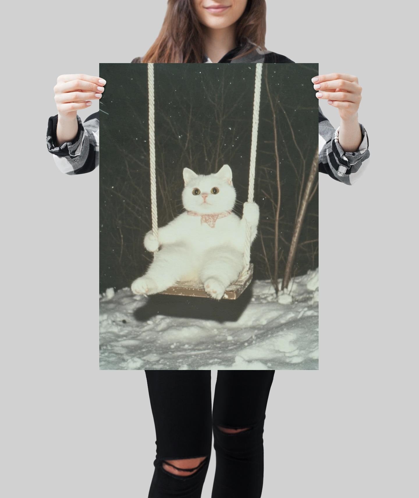 Cute Cat Swing in Snow Canvas Print, Wall Art, Wall Decor, Handcrafted Wooden Frame, Ready to Hang