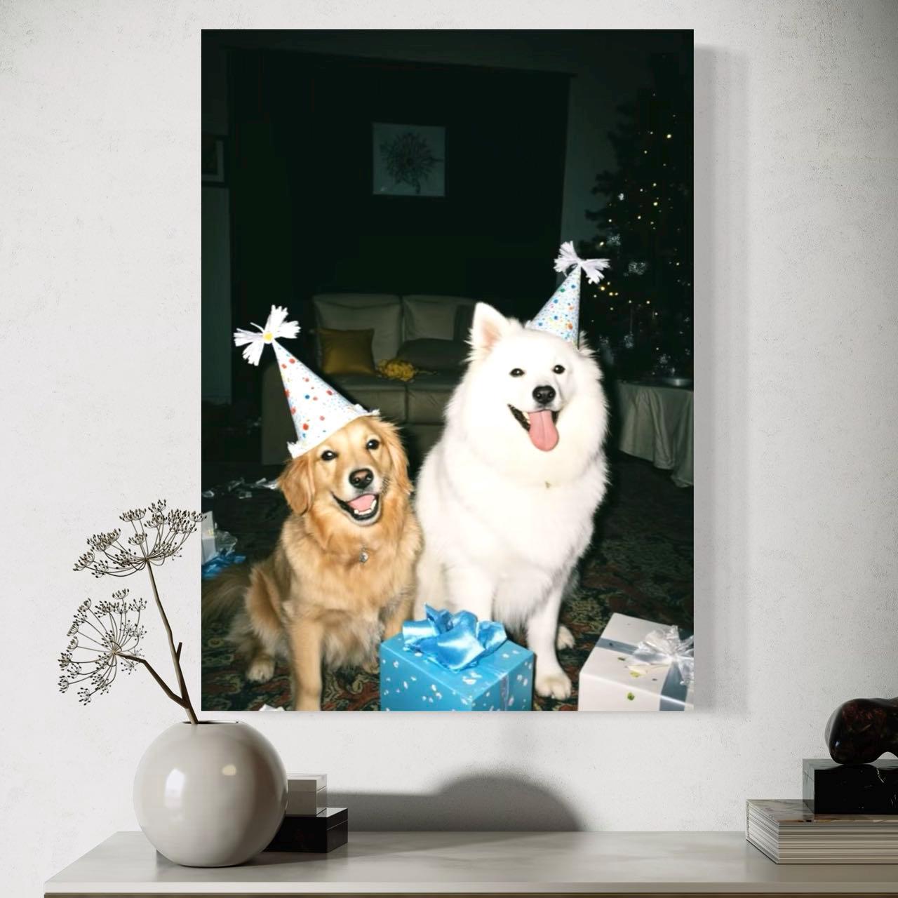 Christmas Cute Dogs Picture Canvas Print, Wall Art, Wall Decor, Handcrafted Wooden Frame, Ready to Hang